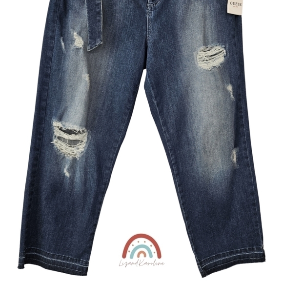 New! GUESS 1981 High Rise Belted Straight Leg Crop Distressed Raw Hem Jeans - Picture 6 of 9